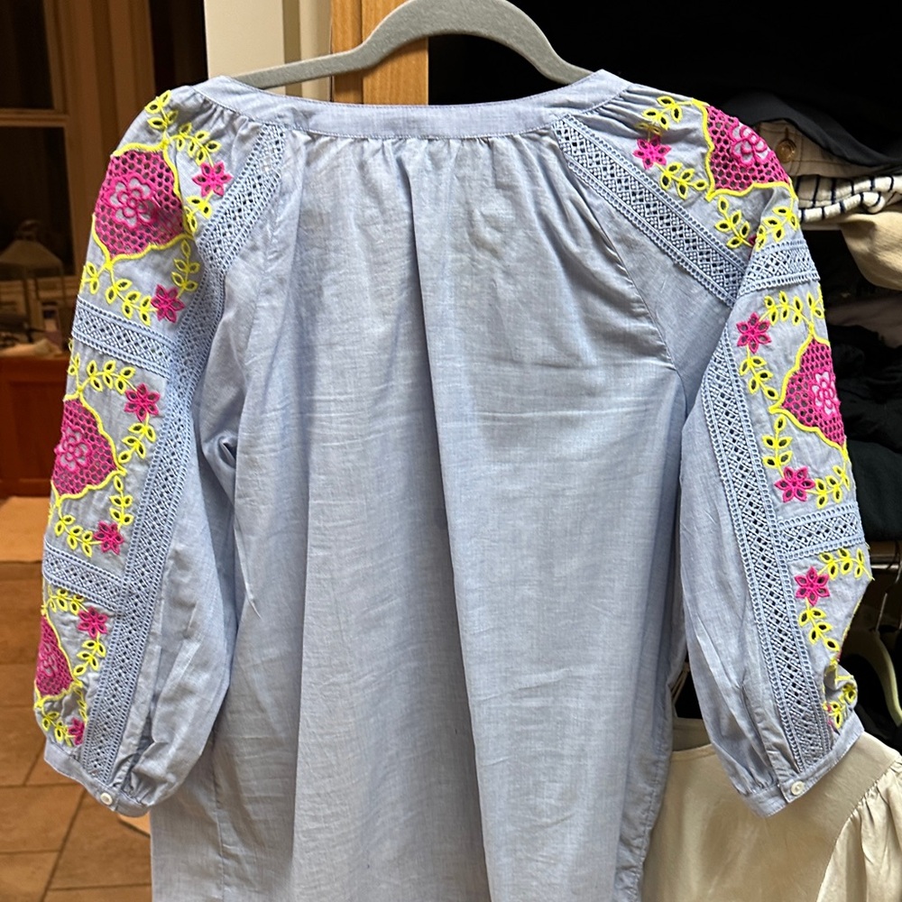 Talbots Light Blue Blouse with Pink and Yellow Embroidery - Picture 7 of 8